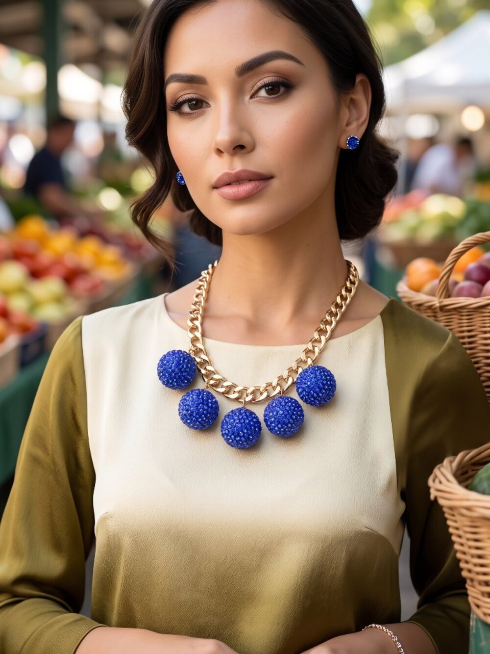 NEW Women Gold Chain Blue Rhinestone Ball Statement Necklace | WN67